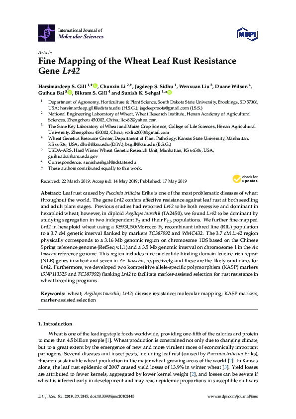 (PDF) Fine Mapping of the Wheat Leaf Rust Resistance Gene Lr42
