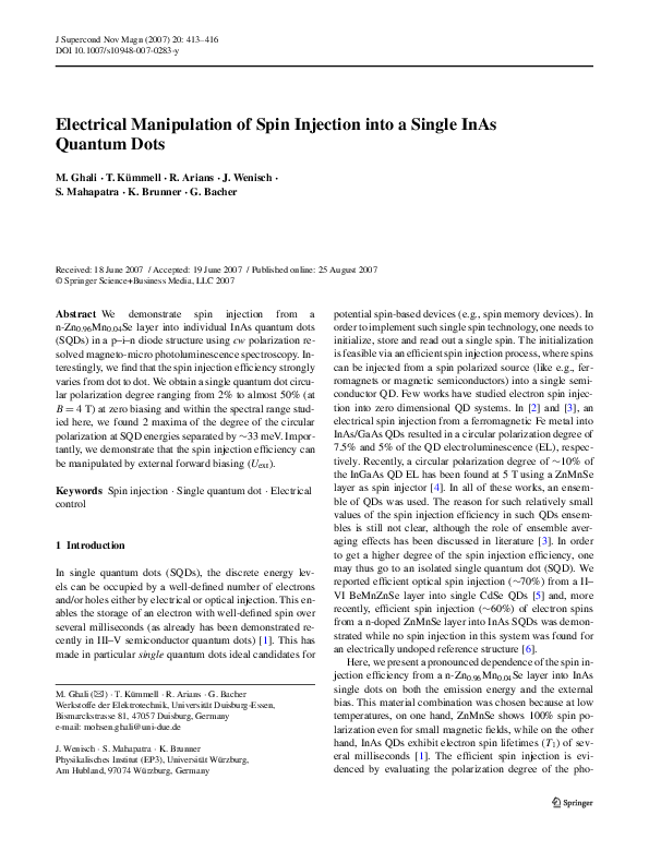 (PDF) Electrical Manipulation of Spin Injection into a Single InAs ...