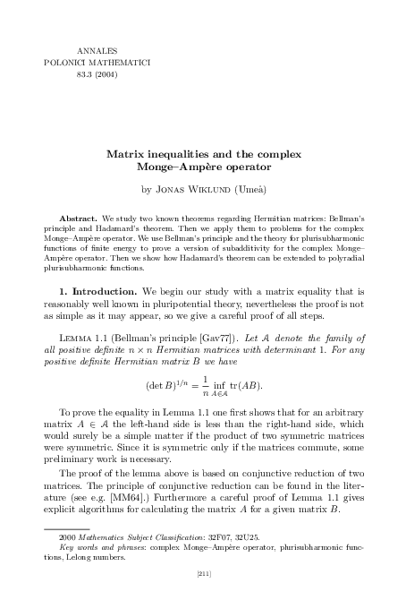 (PDF) Matrix inequalities and the complex Monge–Ampère operator