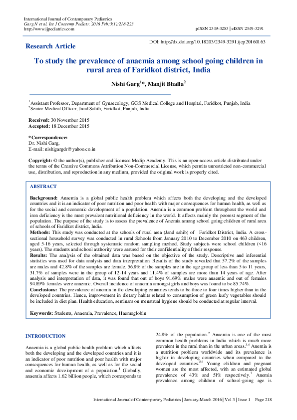 (PDF) To study the prevalence of anaemia among school going children in ...
