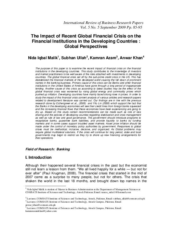 (PDF) The Impact of Recent Global Financial Crisis on the Financial ...