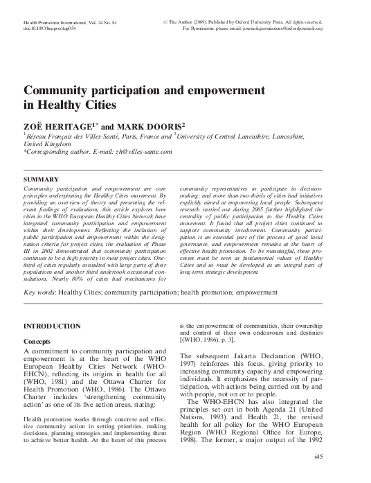 (PDF) Community participation and empowerment in Healthy Cities