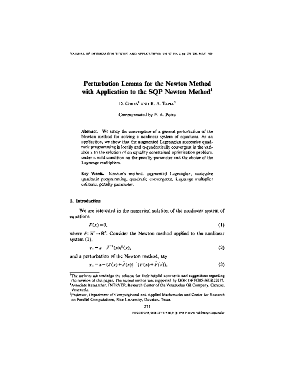 (PDF) Perturbation Lemma for the Newton Method with Application to the ...