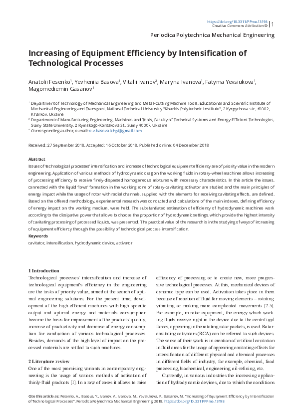 (PDF) Increasing of Equipment Efficiency by Intensification of ...