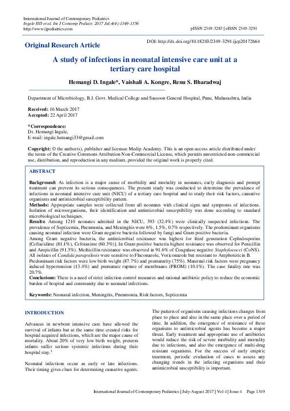 (PDF) A study of infections in neonatal intensive care unit at a ...