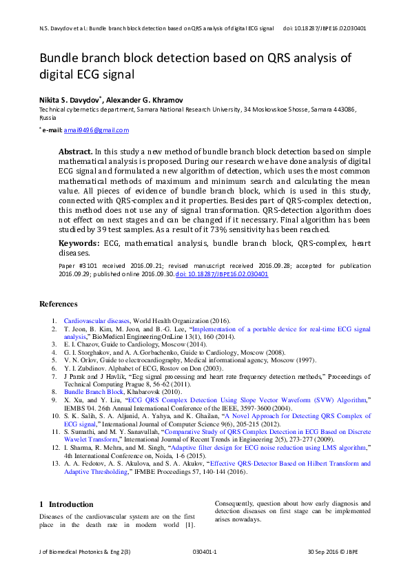(PDF) Bundle branch block detection based on QRS analysis of digital ...