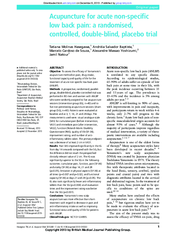 (PDF) Acupuncture for acute non-specific low back pain: a pilot ...