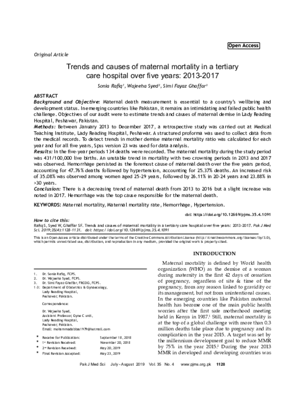 (PDF) Trends and causes of maternal mortality in a tertiary care ...