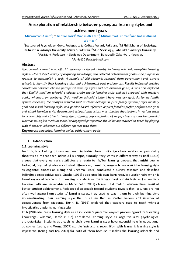 (PDF) An exploration of relationship between perceptual learning styles ...