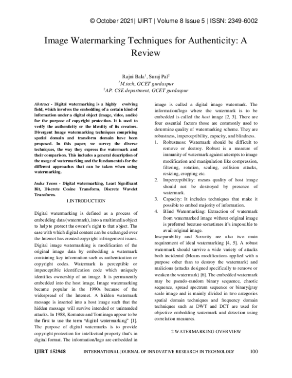 (PDF) Image Watermarking Techniques for Authenticity: A Review