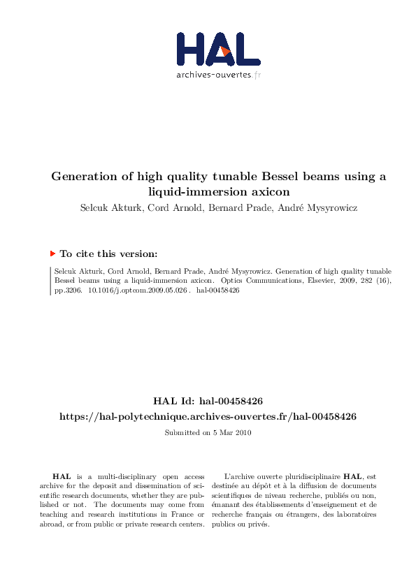 (PDF) Generation of high quality tunable bessel beams using liquid ...