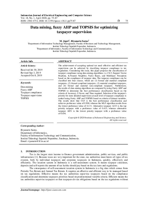 (PDF) Data mining, fuzzy AHP and TOPSIS for optimizing taxpayer supervision