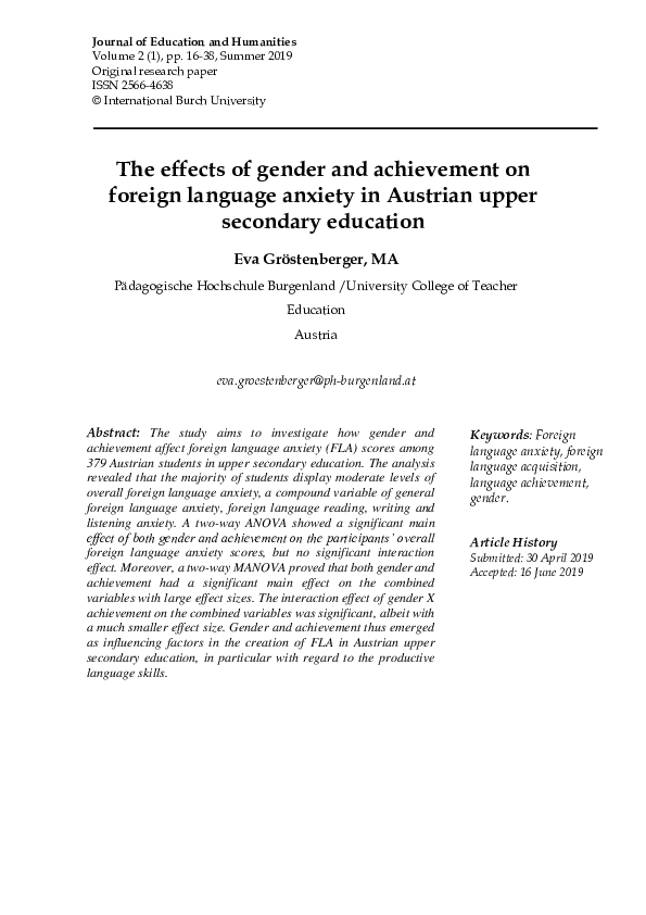 (PDF) The effects of gender and achievement on foreign language anxiety ...