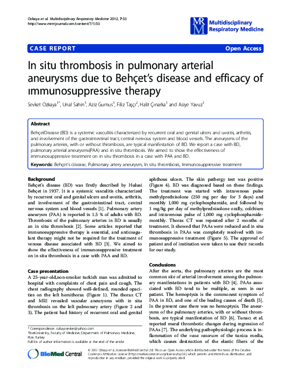 (PDF) In situ thrombosis in pulmonary arterial aneurysms due to Behçet ...