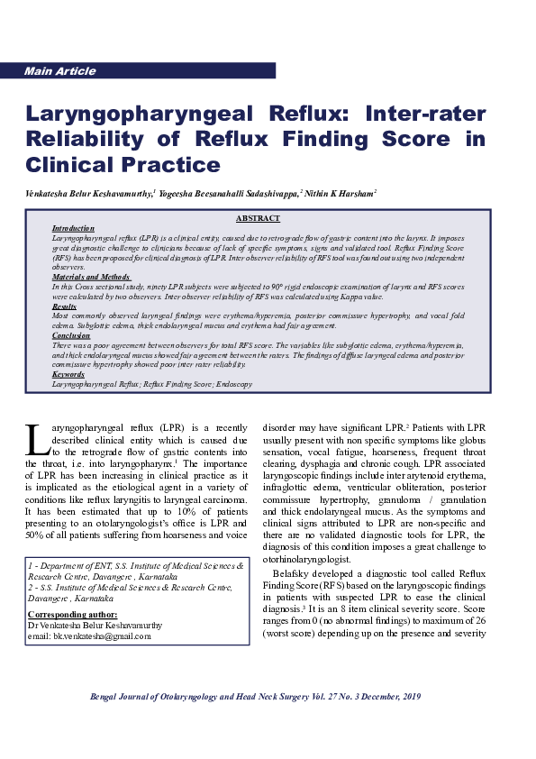 (PDF) Laryngopharyngeal Reflux: Inter-rater Reliability of Reflux ...