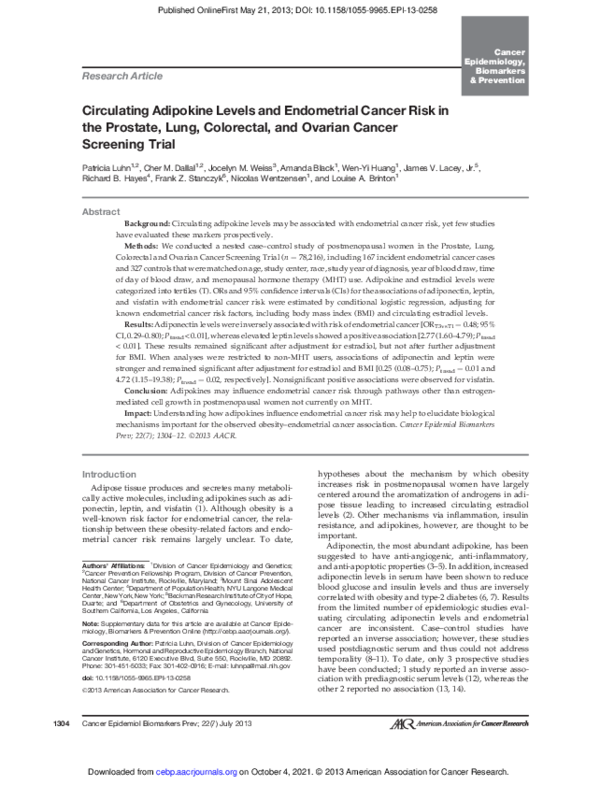 (PDF) Circulating Adipokine Levels and Endometrial Cancer Risk in the ...