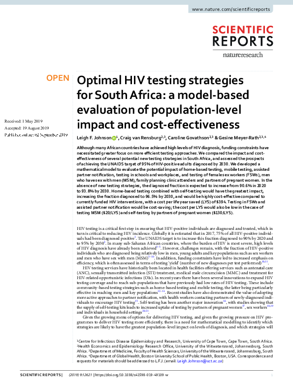 (PDF) Optimal HIV testing strategies for South Africa: a model-based ...