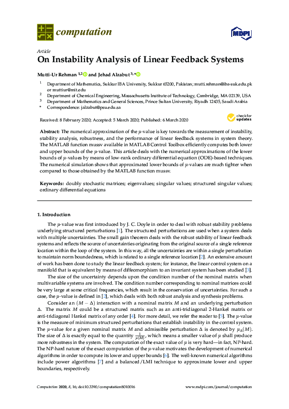 (PDF) On Instability Analysis of Linear Feedback Systems