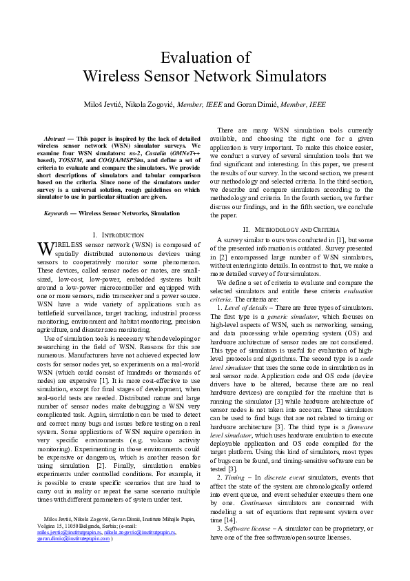 (PDF) Evaluation of wireless sensor network simulators