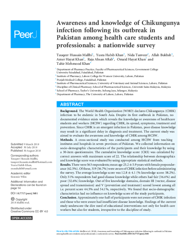 (PDF) Awareness and knowledge of Chikungunya infection following its ...