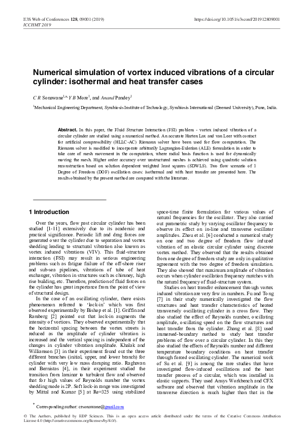 (PDF) Numerical simulation of vortex induced vibrations of a circular ...
