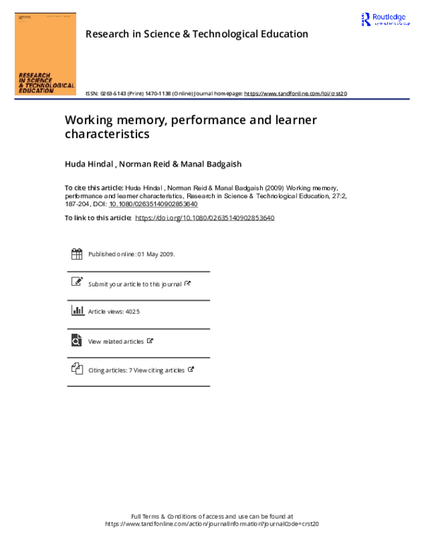 (PDF) Working memory, performance and learner characteristics