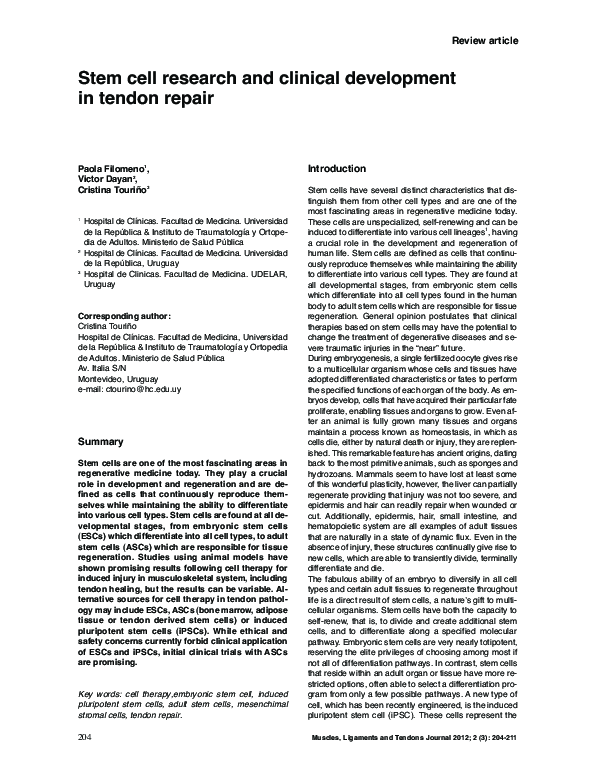 (PDF) Stem cell research and clinical development in tendon repair