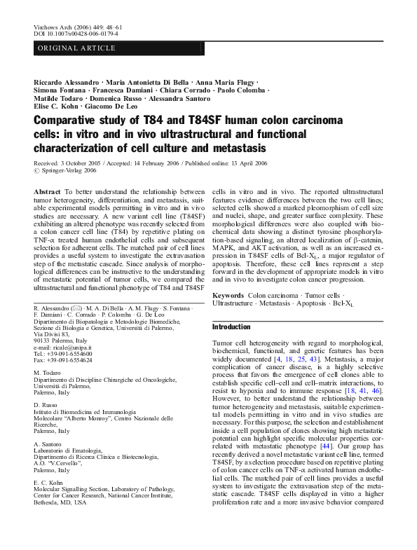 (PDF) Comparative study of T84 and T84SF human colon carcinoma cells ...
