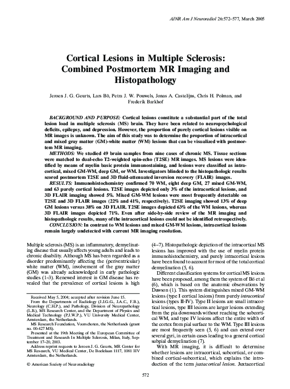(PDF) Cortical lesions in multiple sclerosis: combined postmortem MR ...