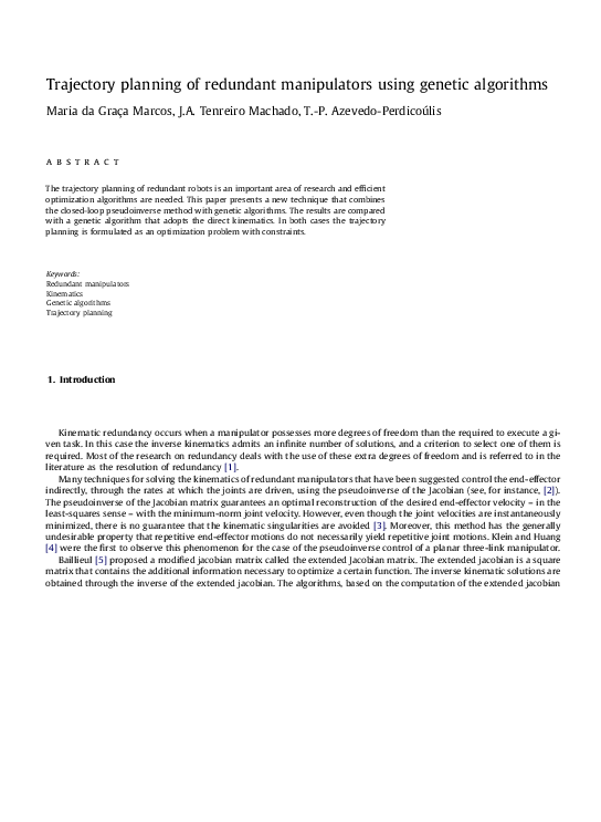 (PDF) Trajectory planning of redundant manipulators using genetic ...