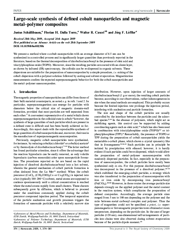  pdf large scale synthesis of defined cobalt nanoparticles and