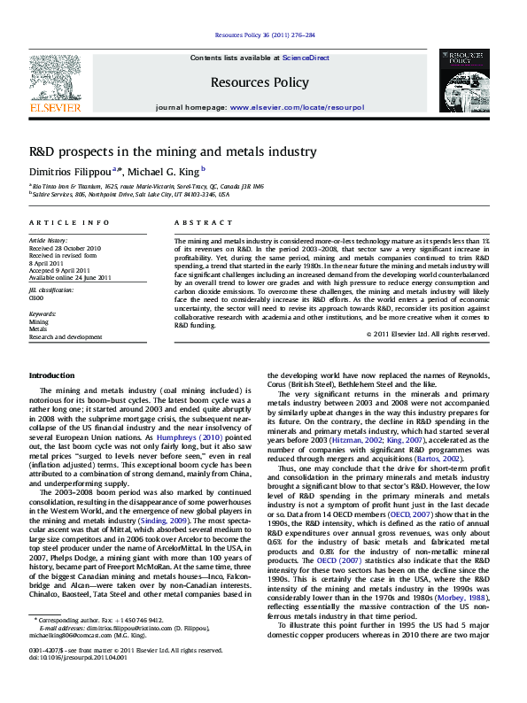 (PDF) R&D prospects in the mining and metals industry