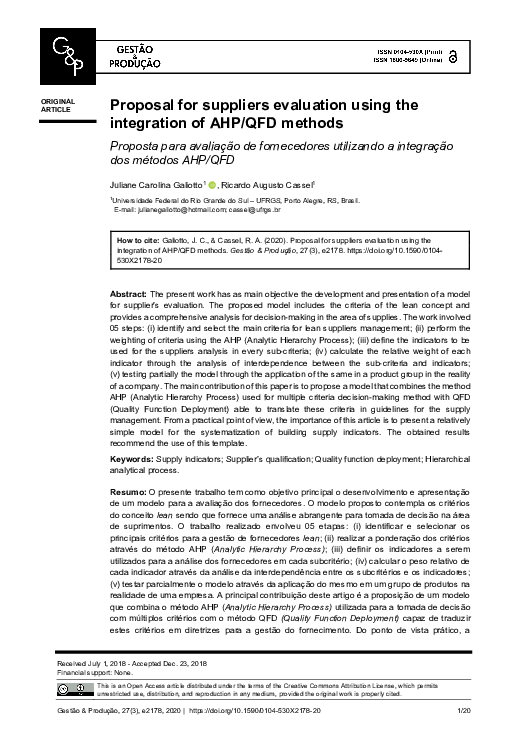 (PDF) Proposal for suppliers evaluation using the integration of AHP ...