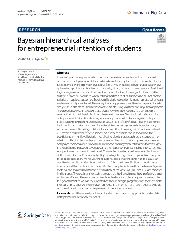 (PDF) Bayesian hierarchical analyses for entrepreneurial intention of ...