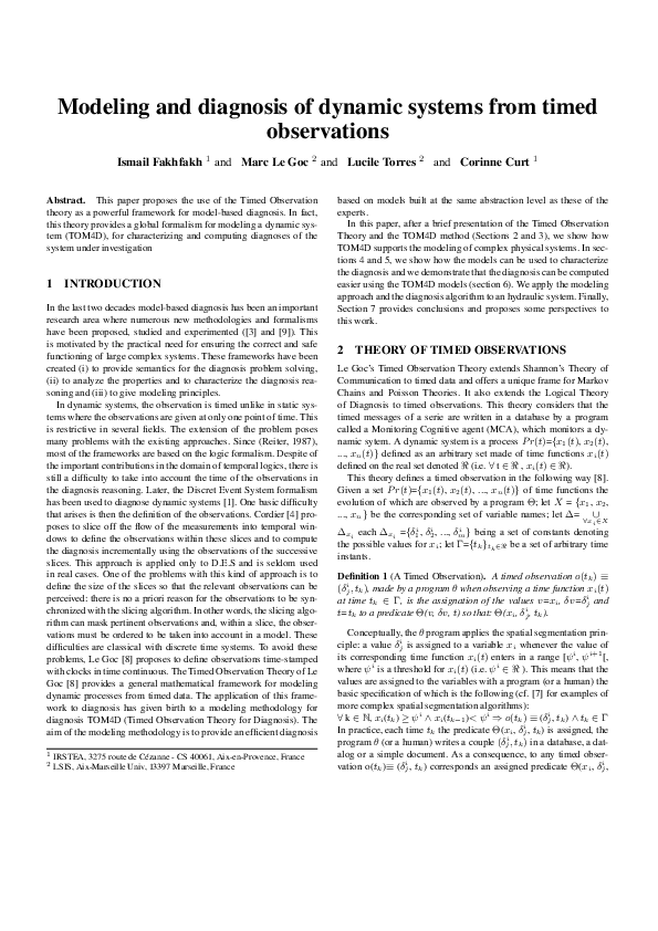 (PDF) Modeling and diagnosis of dynamic systems from timed observations