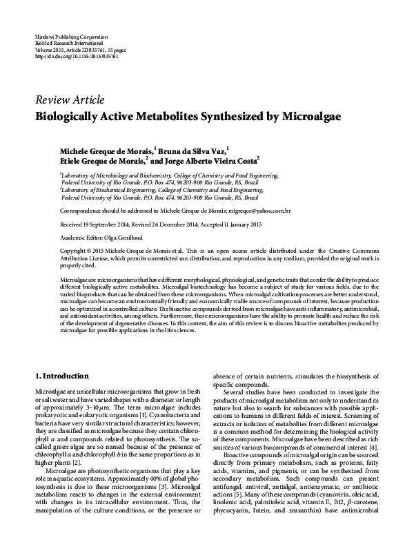 Pdf Biologically Active Metabolites Synthesized By Microalgae