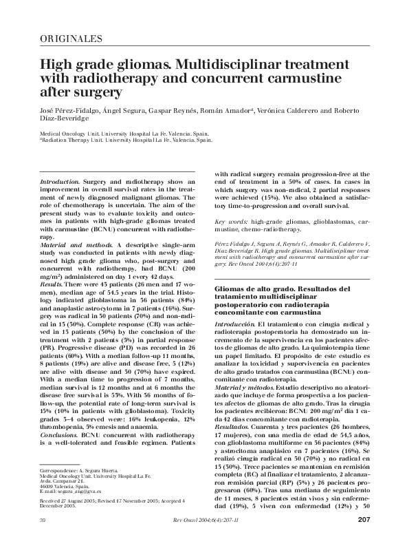(PDF) High grade gliomas. Multidisciplinar treatment with radiotherapy ...