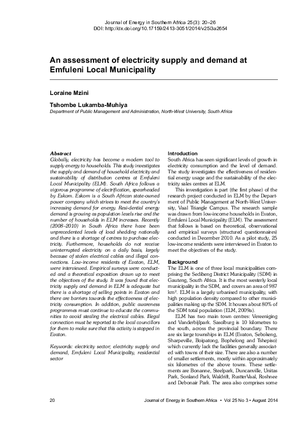 (PDF) An assessment of electricity supply and demand at Emfuleni Local ...