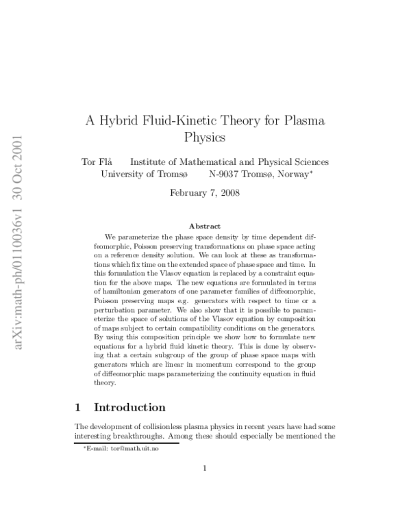 (PDF) A Hybrid Fluid-Kinetic Theory for Plasma Physics