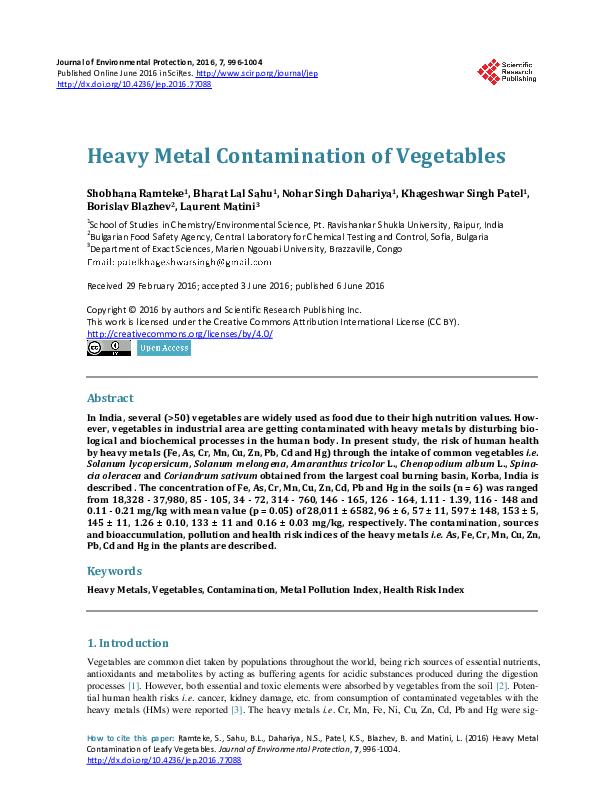 (PDF) Heavy Metal Contamination of Vegetables