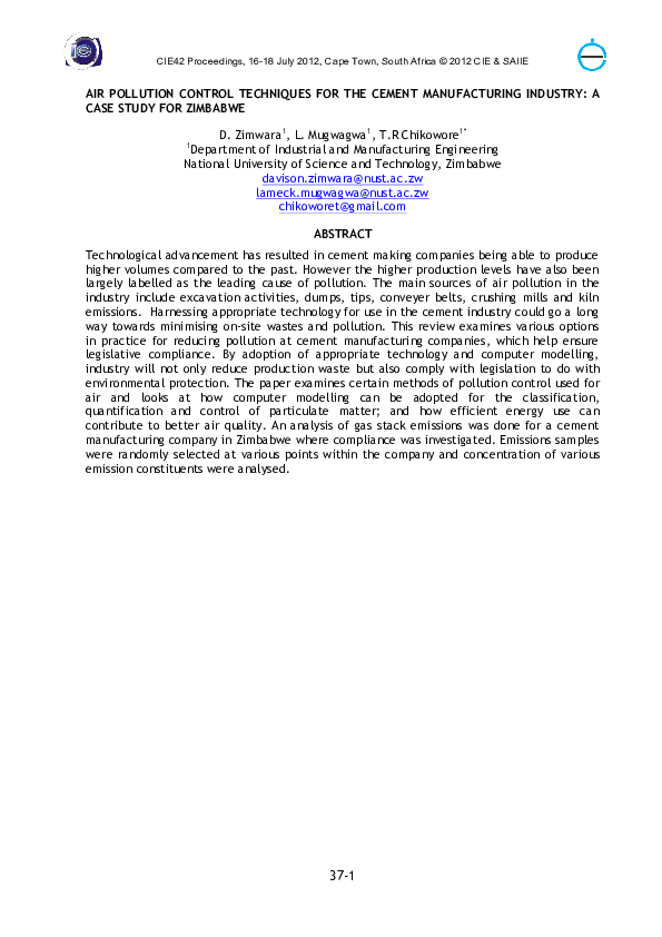 (PDF) Air Pollution Control Techniques For The Cement Manufacturing Industry A Case Study For
