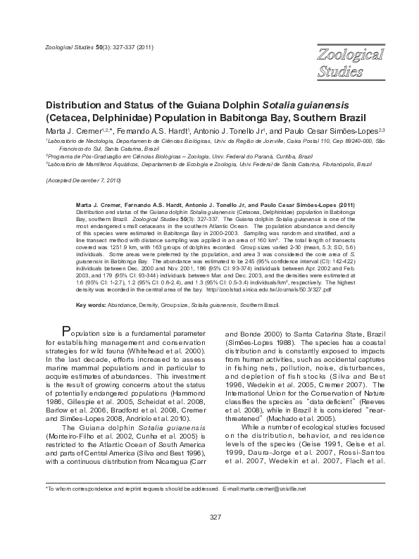 Distribution and Status of the Guiana Dolphin Sotalia guianensis (Cetacea, Delphinidae) Population in Babitonga Bay, Southern Brazil