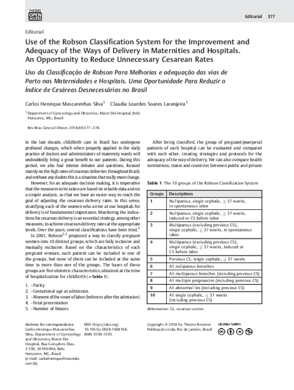 (PDF) Use of the Robson Classification System for the Improvement and ...