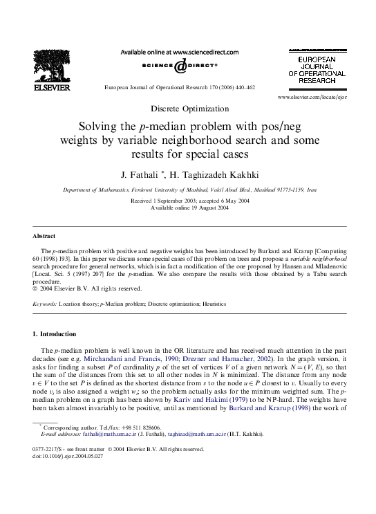 (PDF) Solving the p -median problem with pos/neg weights by variable ...
