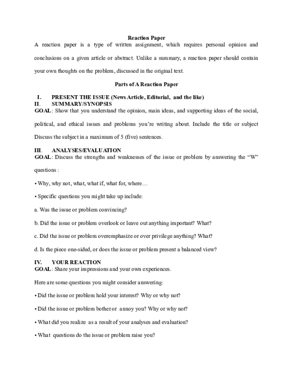 (DOC) Parts of a Reaction Paper