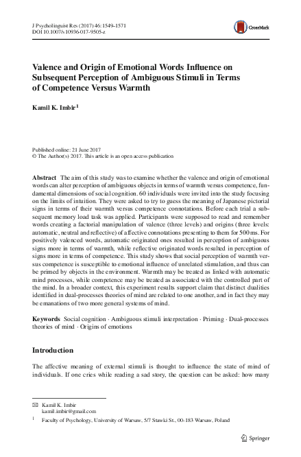 (PDF) Valence and Origin of Emotional Words Influence on Subsequent ...