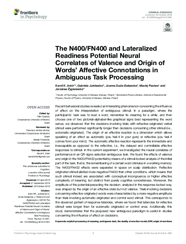 (PDF) The N400/FN400 and Lateralized Readiness Potential Neural ...