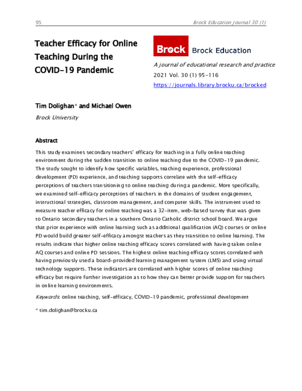 (PDF) Teacher efficacy for online teaching during the COVID-19 pandemic