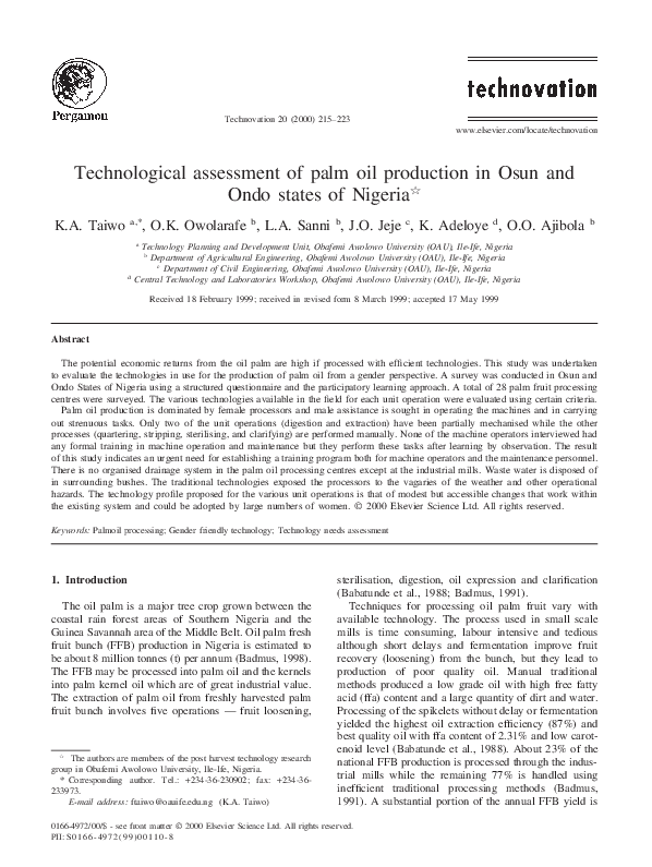 (PDF) Technological assessment of palm oil production in Osun and Ondo ...