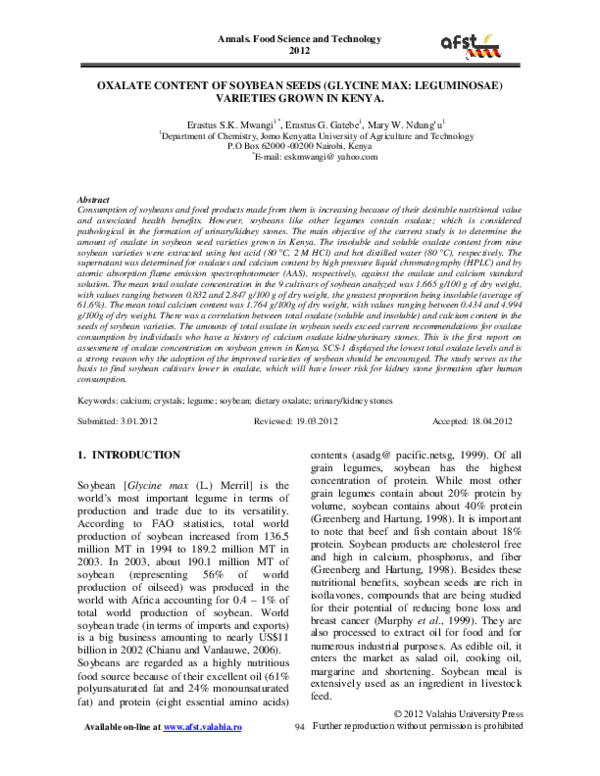 (PDF) OXALATE CONTENT OF SOYBEAN SEEDS (GLYCINE MAX LEGUMINOSAE) VARIETIES GROWN IN KENYA
